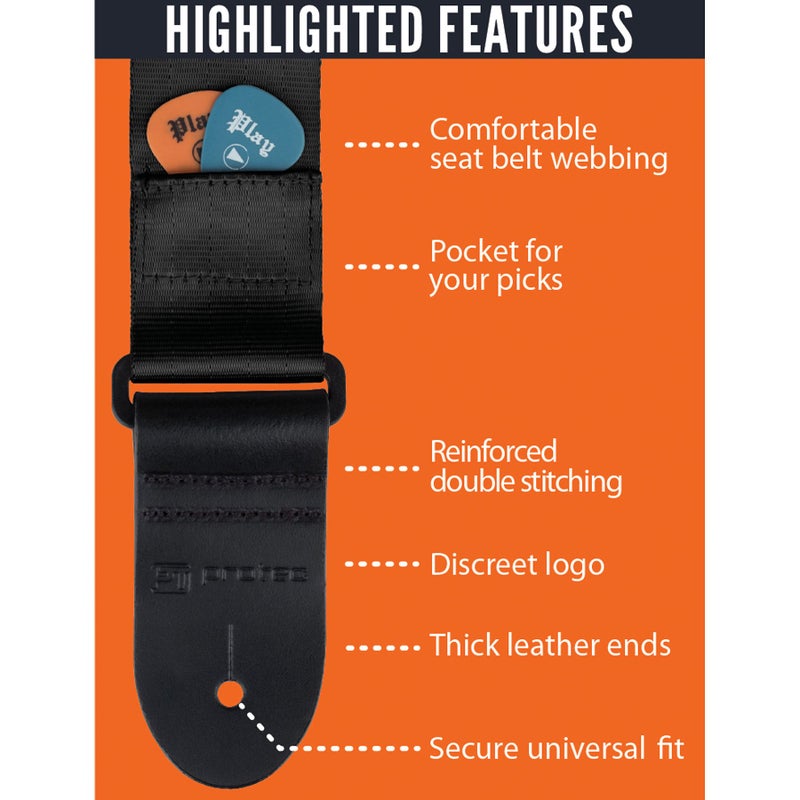 ProTec حزام جيتار بروتيك برو تيك GSS1 بحزام أمان مع نهايات جلدية سميكة ودعم بطني لجيب البيك أسود عادي - Image 2